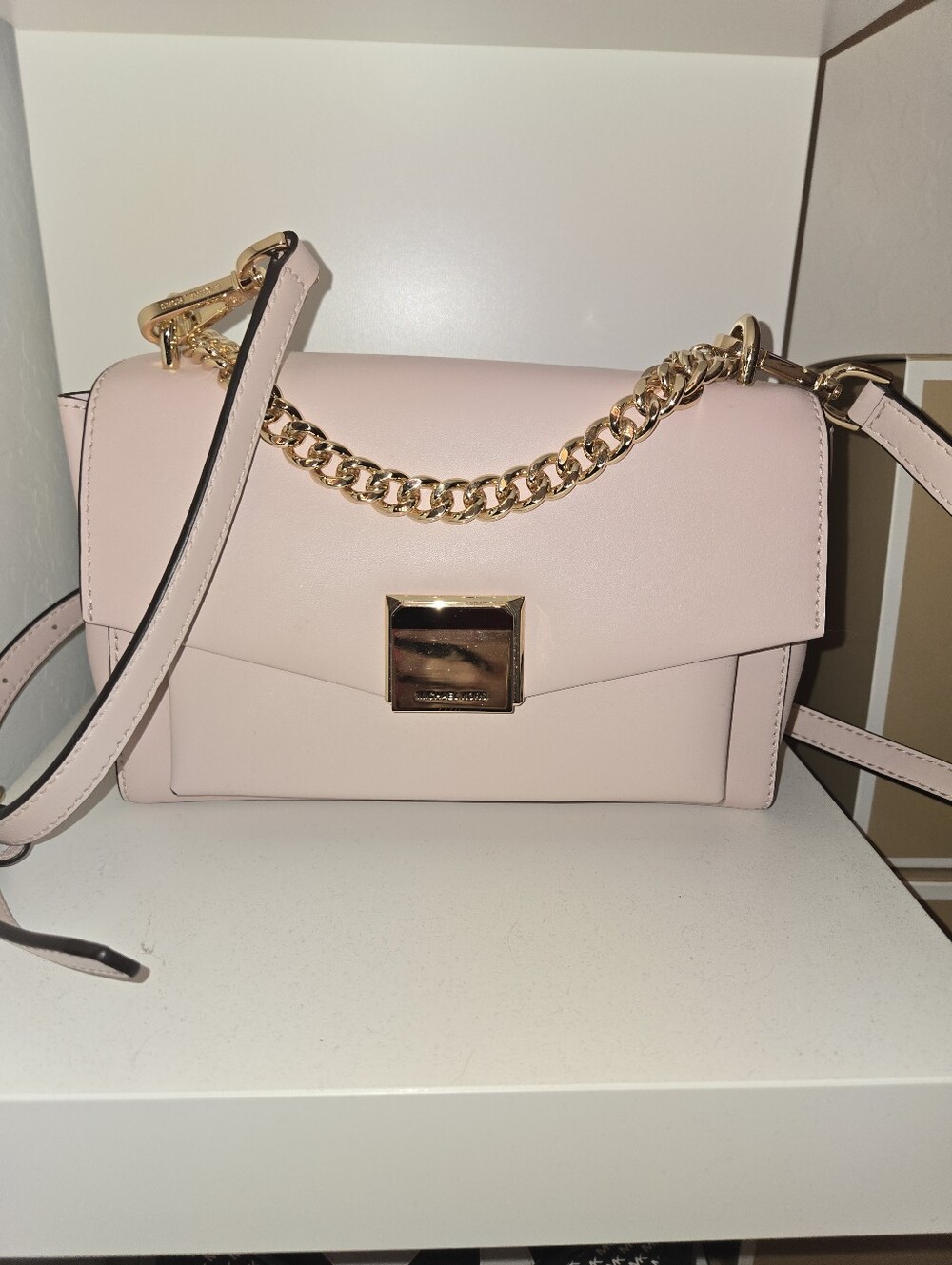 Pink Leather Michael Kora Crossbody Bag with Gold Chain
